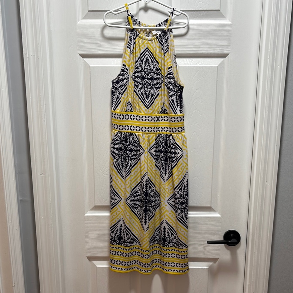London Times Yellow and Black Patterned Midi Dress